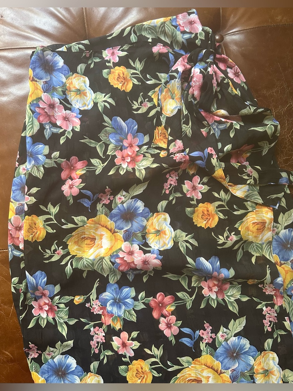 Black Floral Wrap Skirt with Yellow, Blue & Pink Blooms,with top.